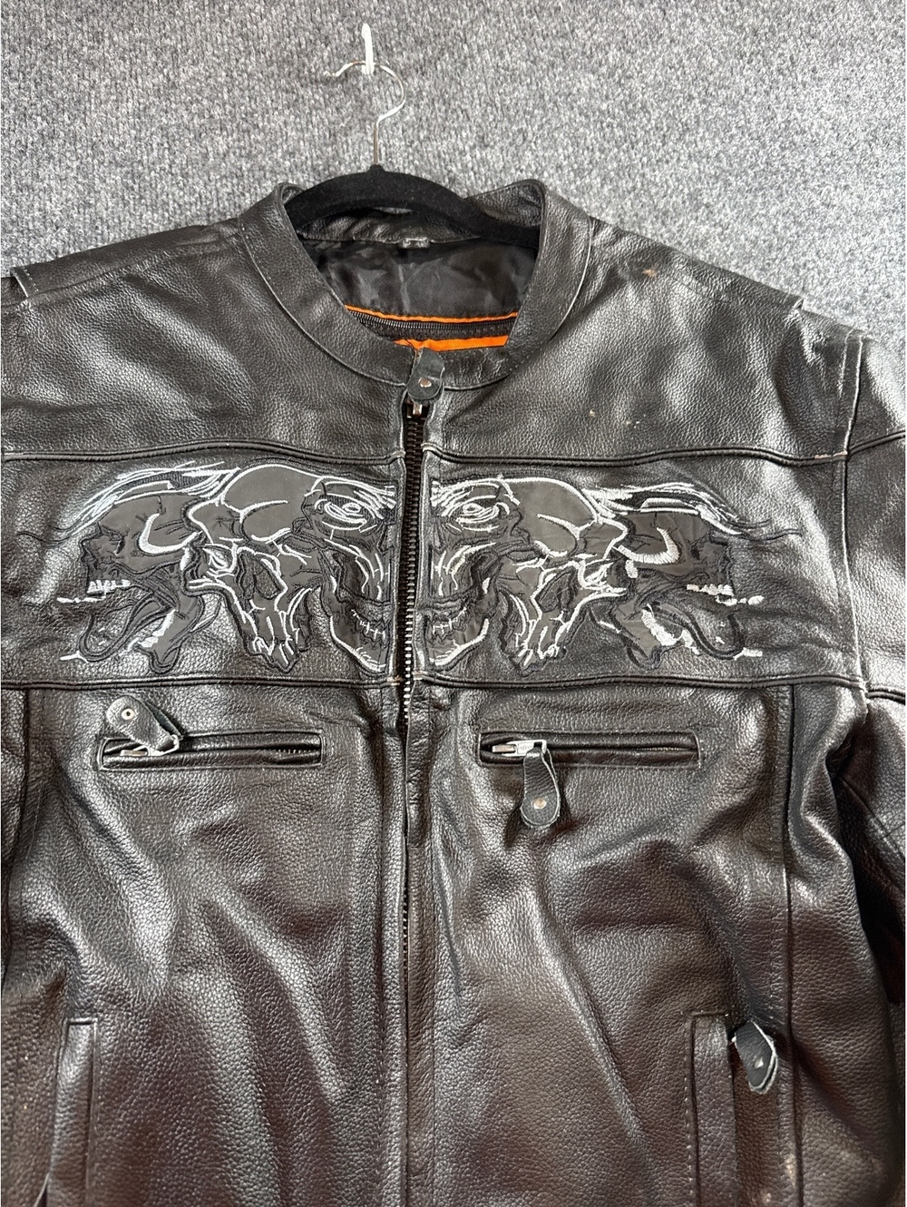 Dream Apparel Leather Motorcycle Jacket Skull Biker Removable Sleeves Size 46